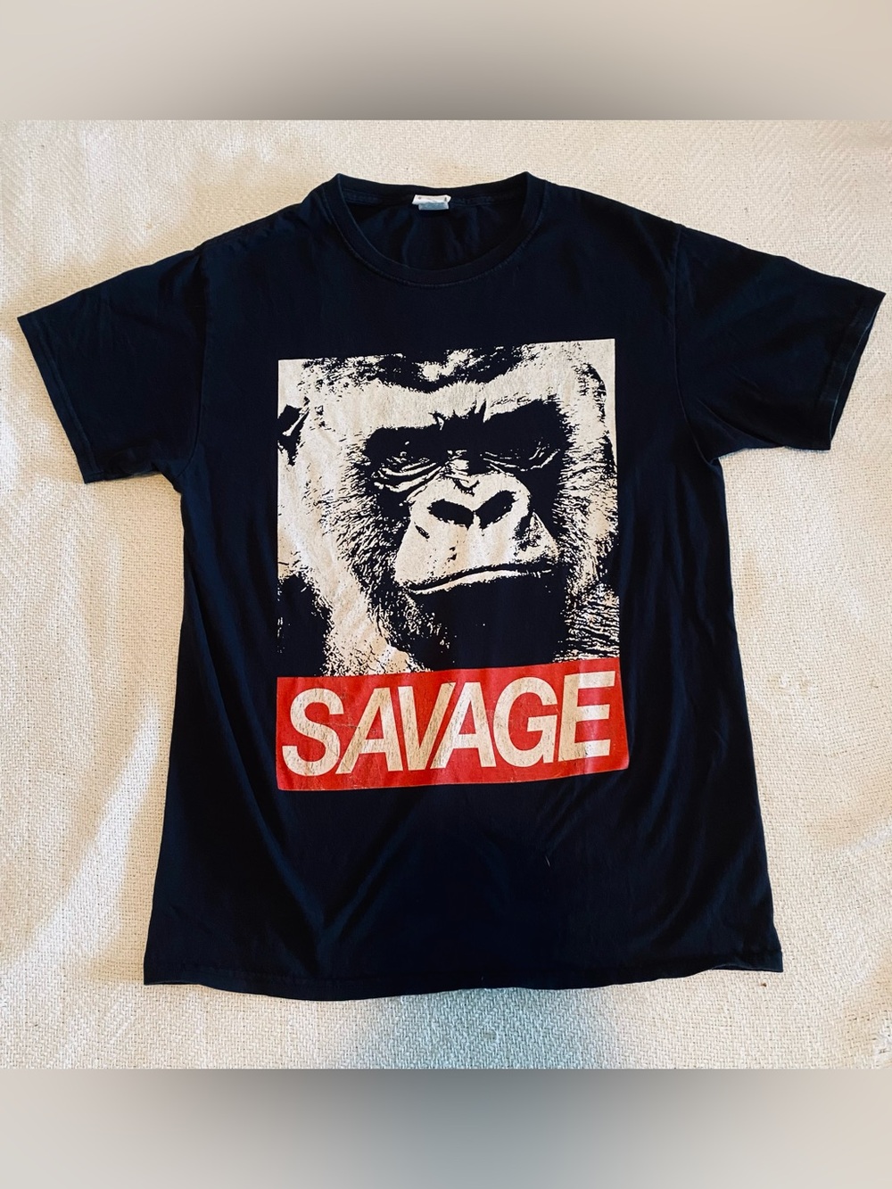 Fruit of the Loom Black Tee with White Gorilla Graphic and Red 'SAVAGE' Block